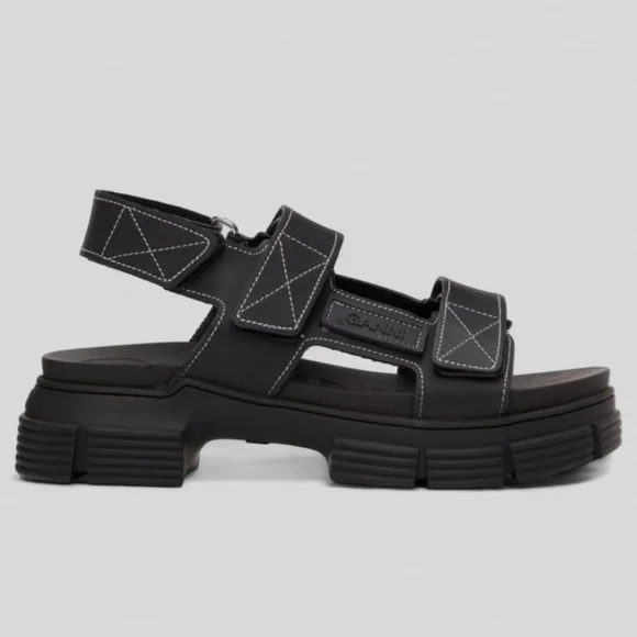 NWT GANNI Recycled Rubber Chunky Logo Platform Black Sandals Flatform Lugged - Picture 8 of 15